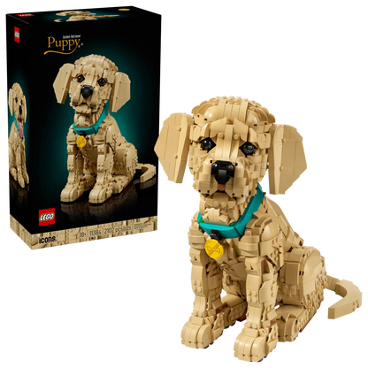 LEGO Icons Golden Retriever Puppy building set, standing pose with teal collar