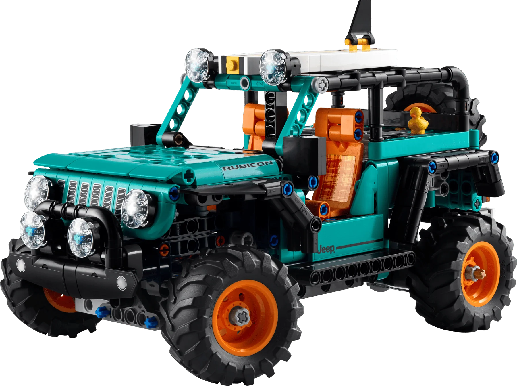Jeep Wrangler Rubicon SUV LEGO Technic, teal front 4x4 with detailed grille and headlights