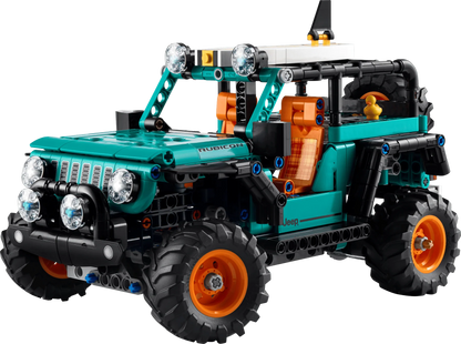 Jeep Wrangler Rubicon SUV LEGO Technic, teal front 4x4 with detailed grille and headlights