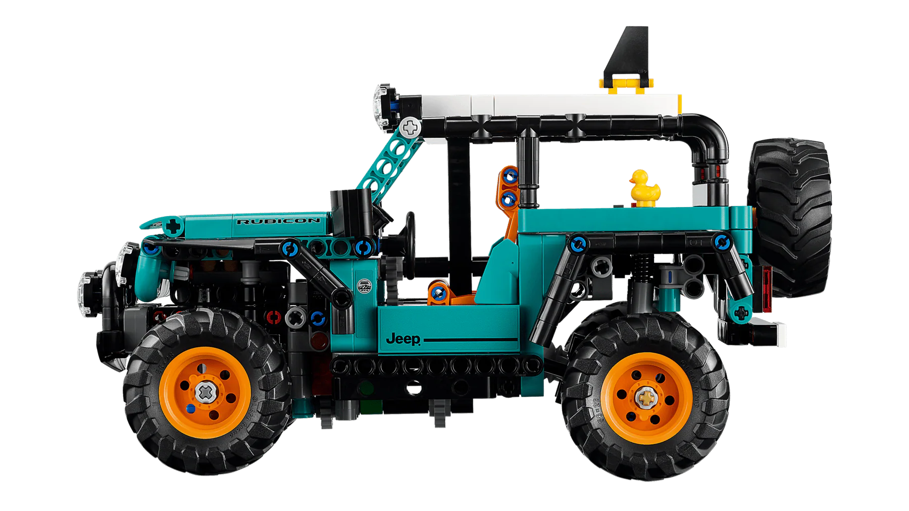 Jeep Wrangler Rubicon SUV teal LEGO Technic off-road vehicle, side view with roll bar