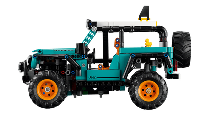 Jeep Wrangler Rubicon SUV teal LEGO Technic off-road vehicle, side view with roll bar