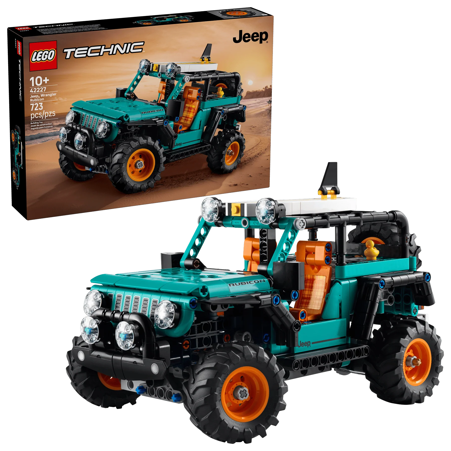 Jeep Wrangler Rubicon SUV LEGO Technic model, teal 4x4 with orange wheels and winch