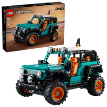 Jeep Wrangler Rubicon SUV LEGO Technic model, teal 4x4 with orange wheels and winch