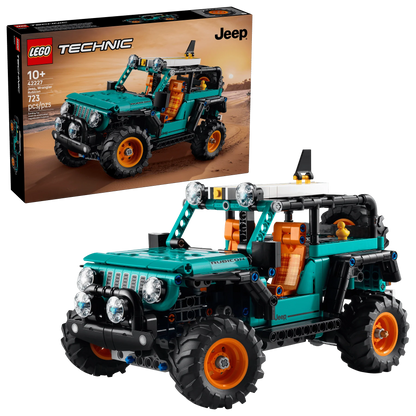 Jeep Wrangler Rubicon SUV LEGO Technic model, teal 4x4 with orange wheels and winch