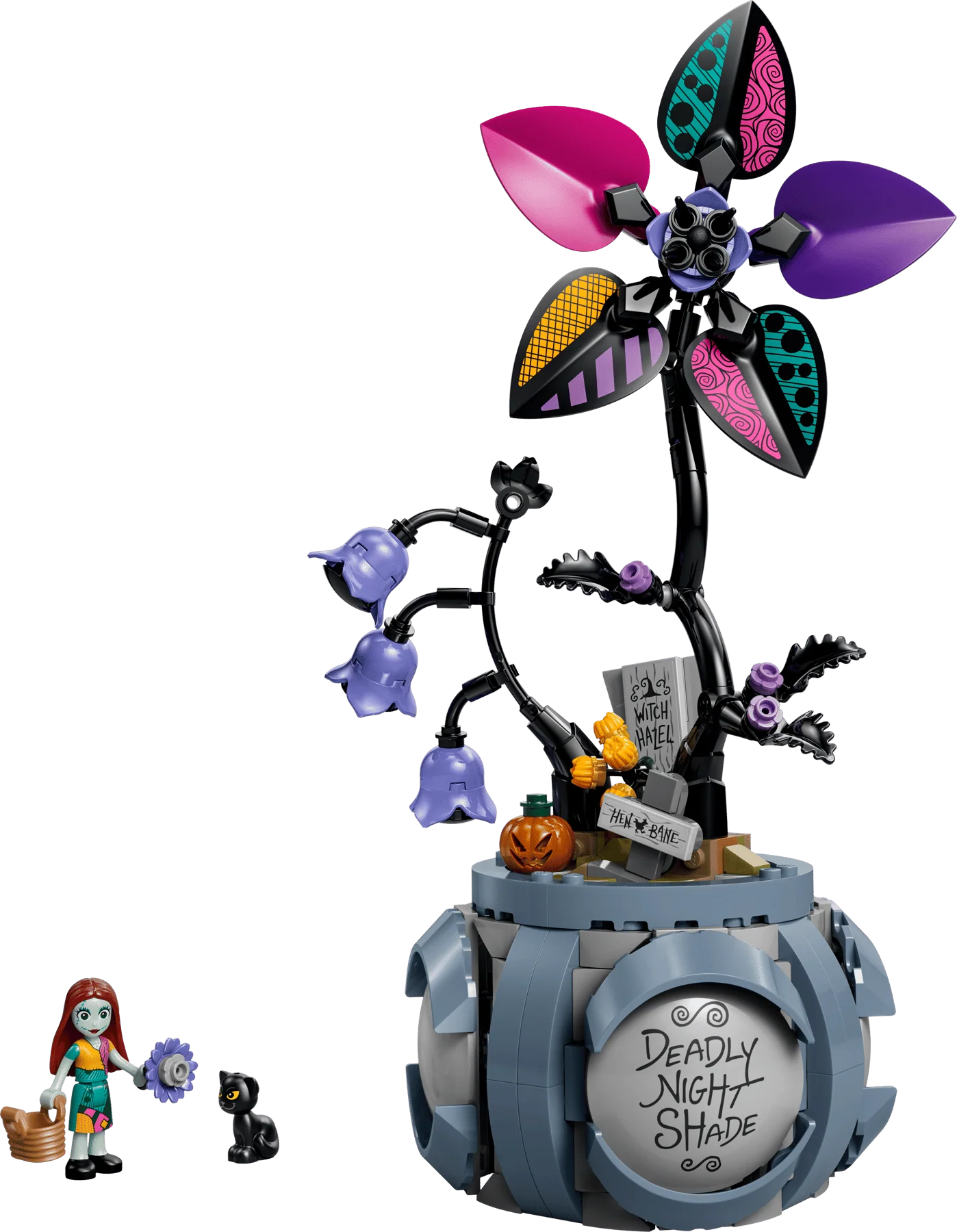 LEGO Sally’s Flowerpot model with purple multicolor flower on a light-blue pot