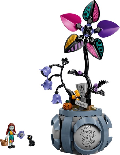 LEGO Sally’s Flowerpot model with purple multicolor flower on a light-blue pot