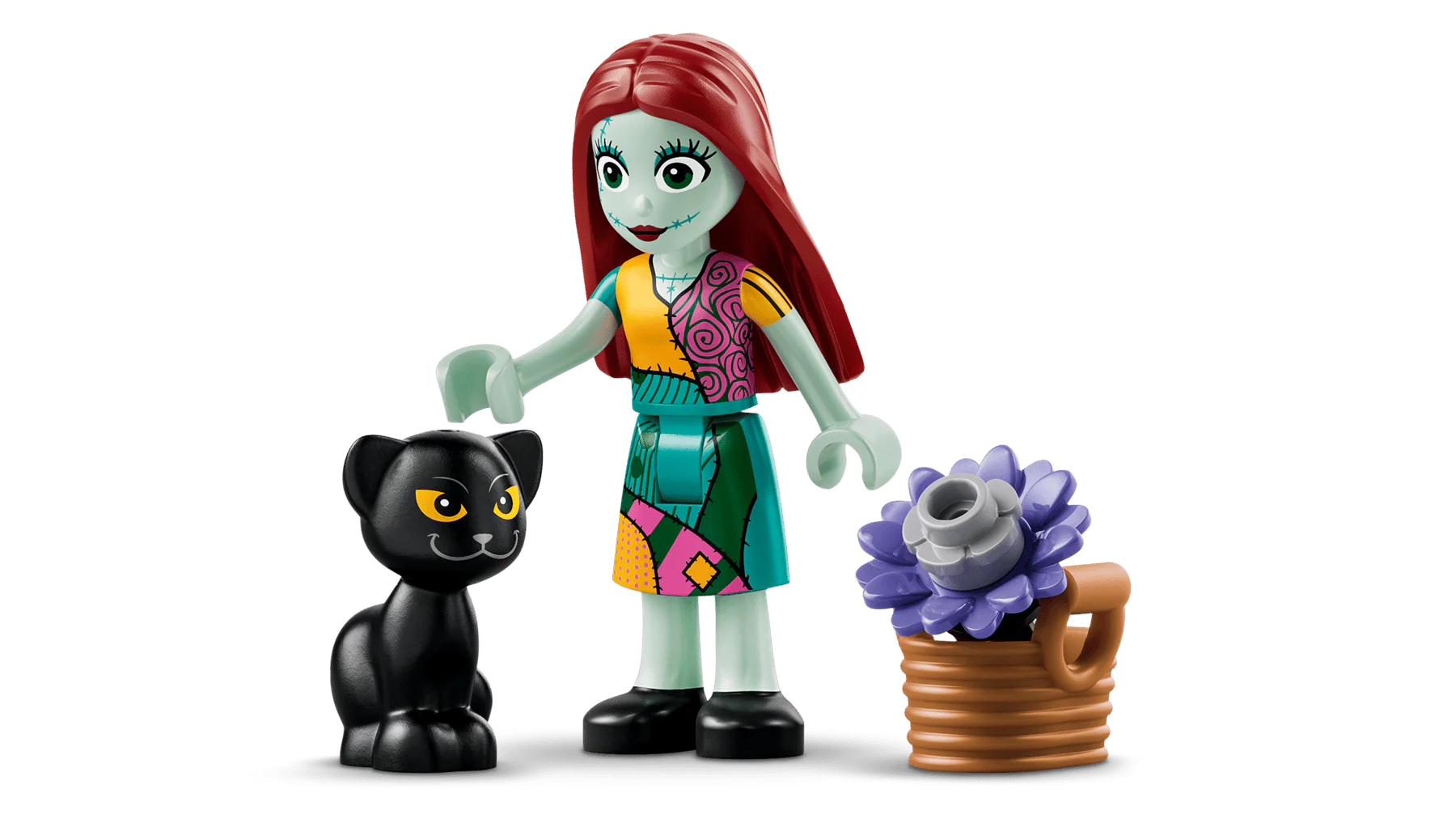 Sally minifigure with black cat beside purple flower in a pot