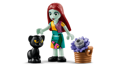 Sally minifigure with black cat beside purple flower in a pot
