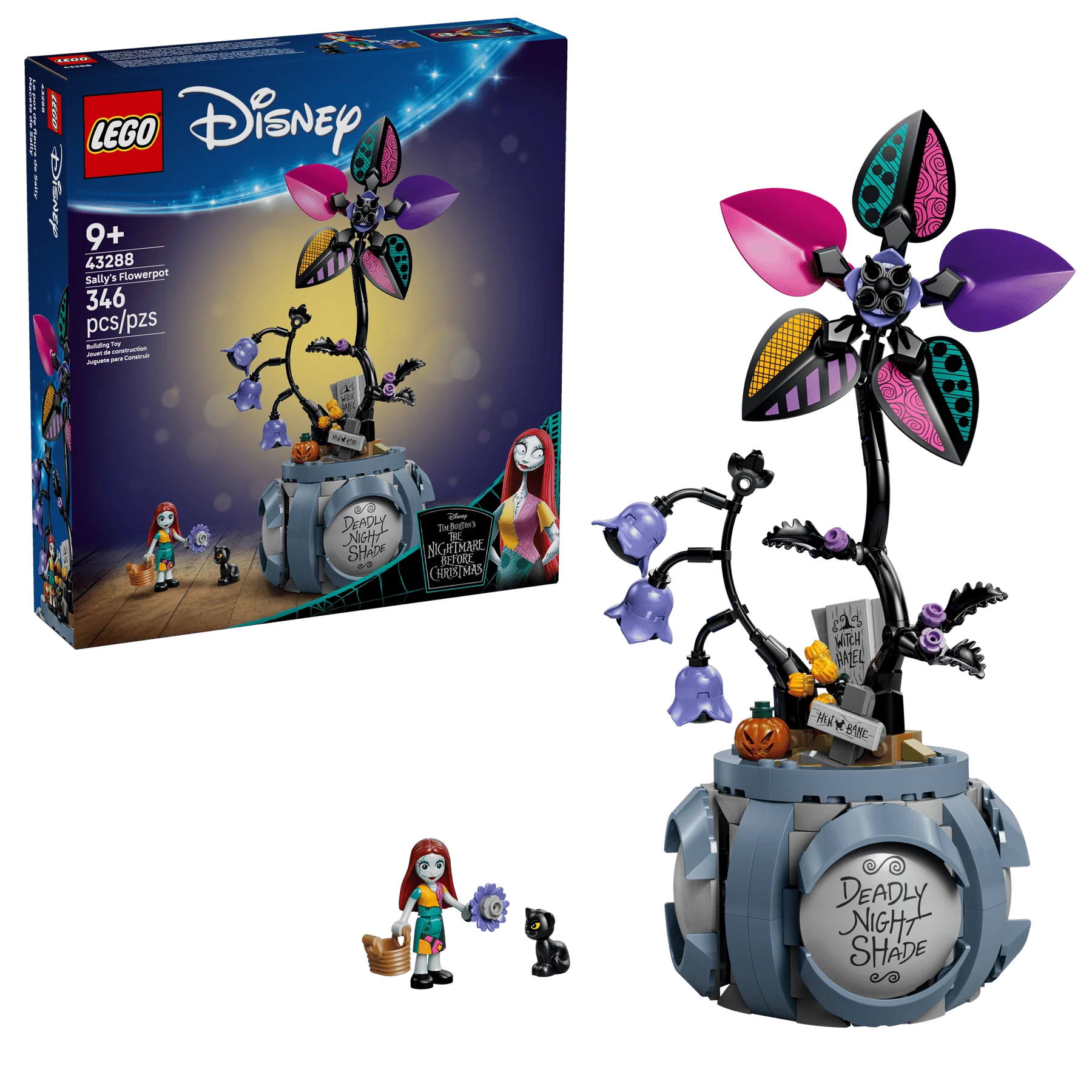 LEGO Disney Sally’s Flowerpot set box with purple mechanical flower build