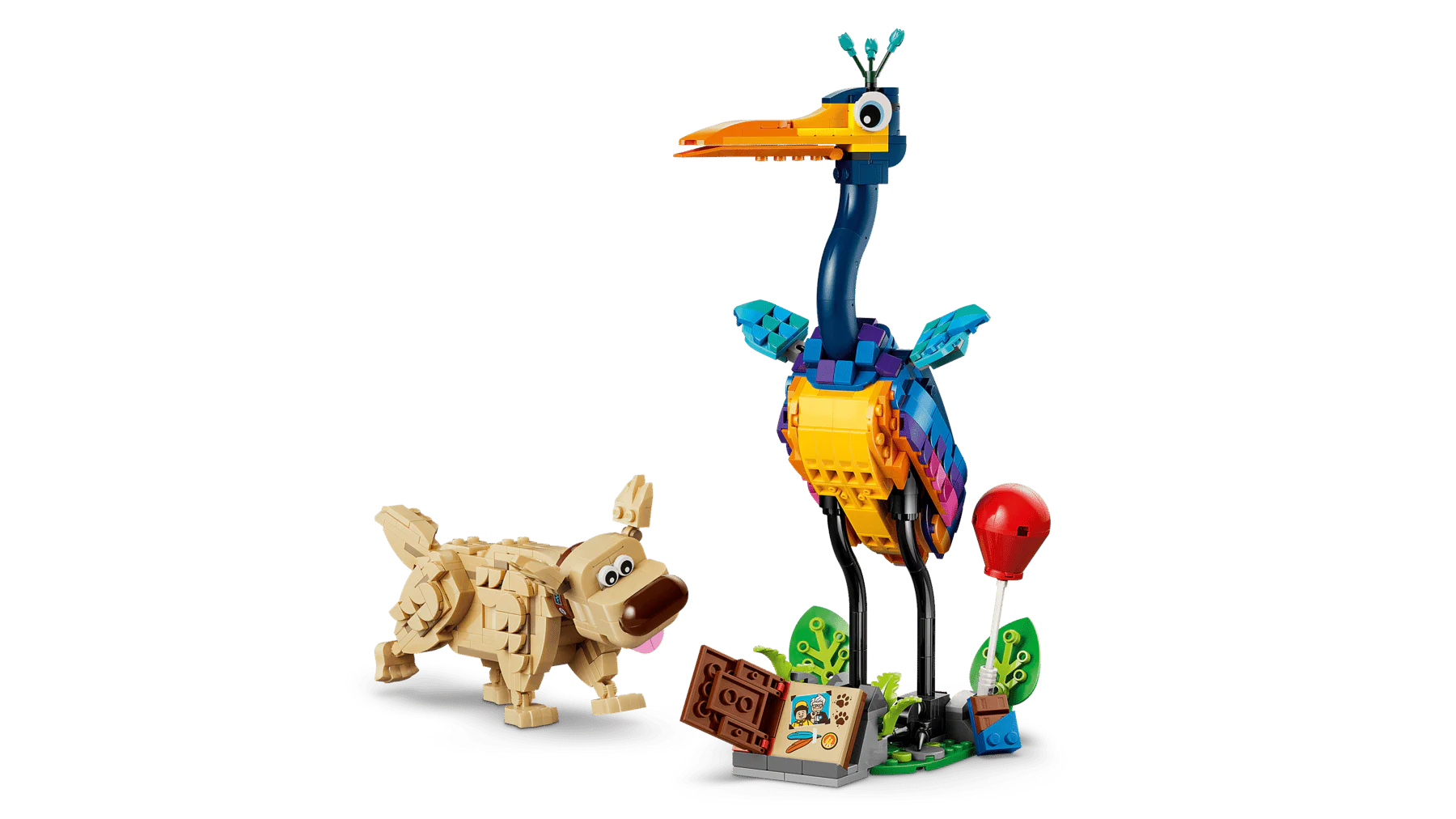 Kevin & Dug LEGO Set: Dug läuft links, Vogel steht rechts auf Steinsockel