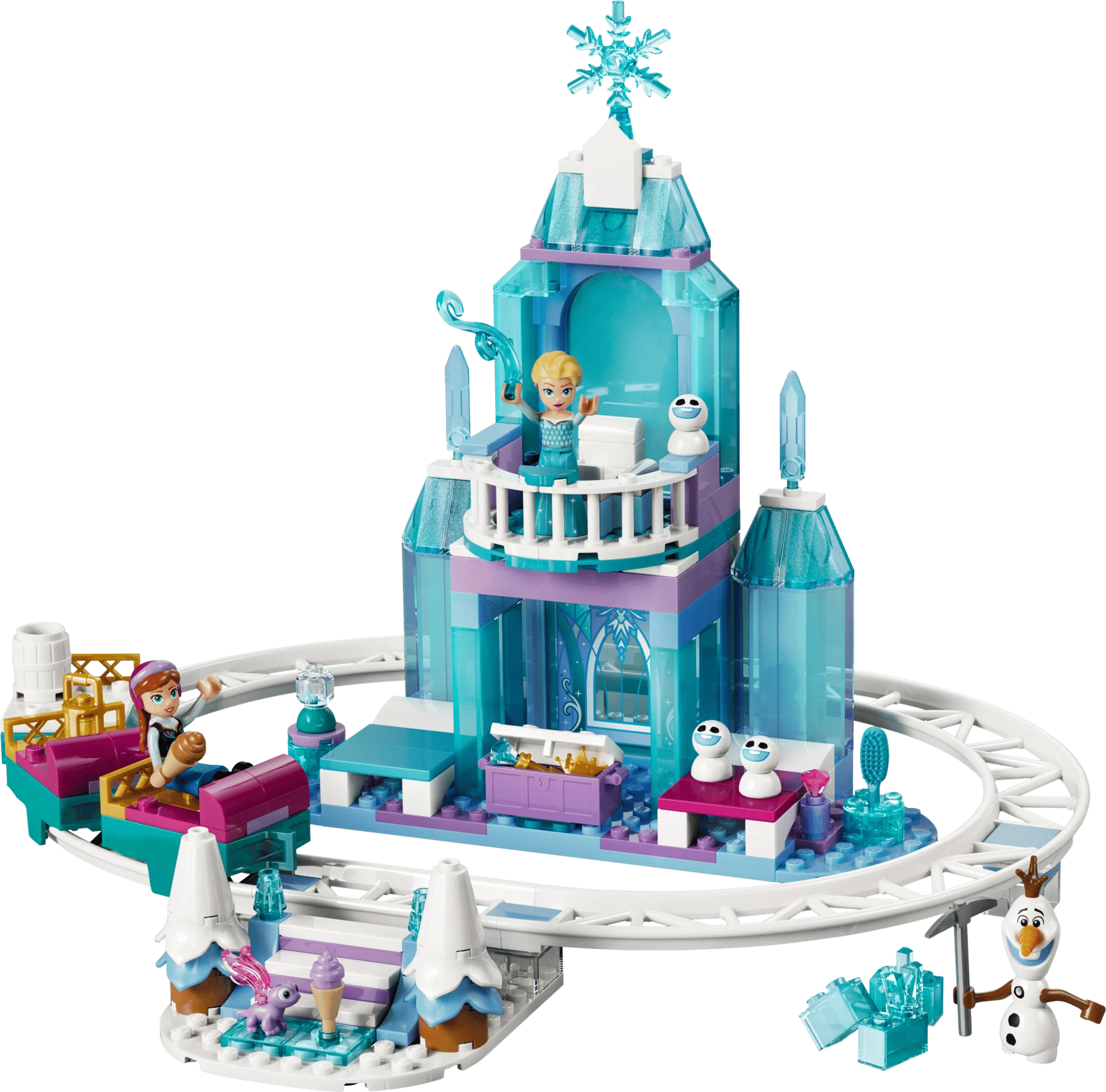 Turquoise ice castle model with Elsa minifigure, Olaf snowmen and carousel track