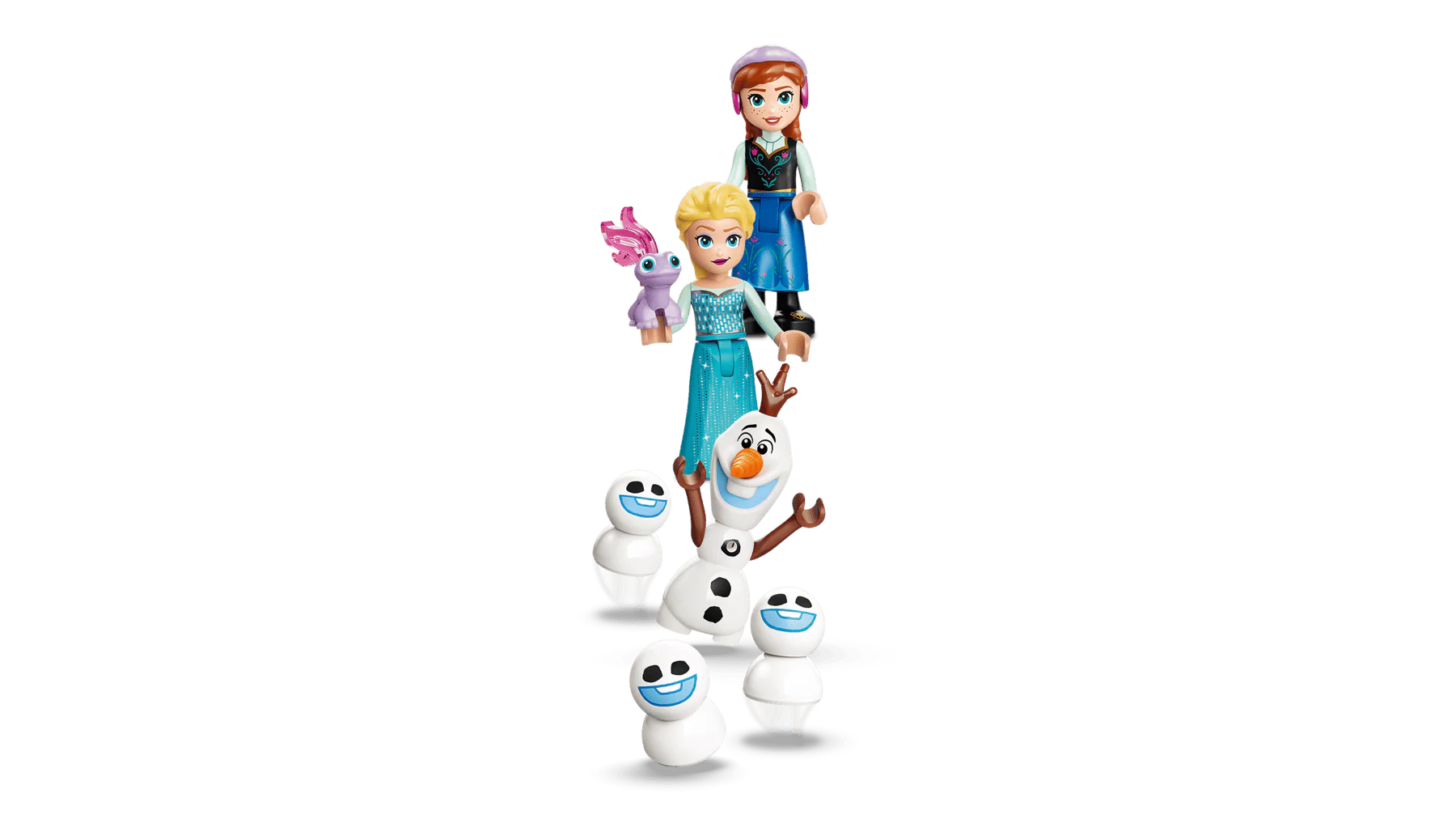 Blonde and brunette characters with three Olaf snowman figures