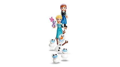 Blonde and brunette characters with three Olaf snowman figures