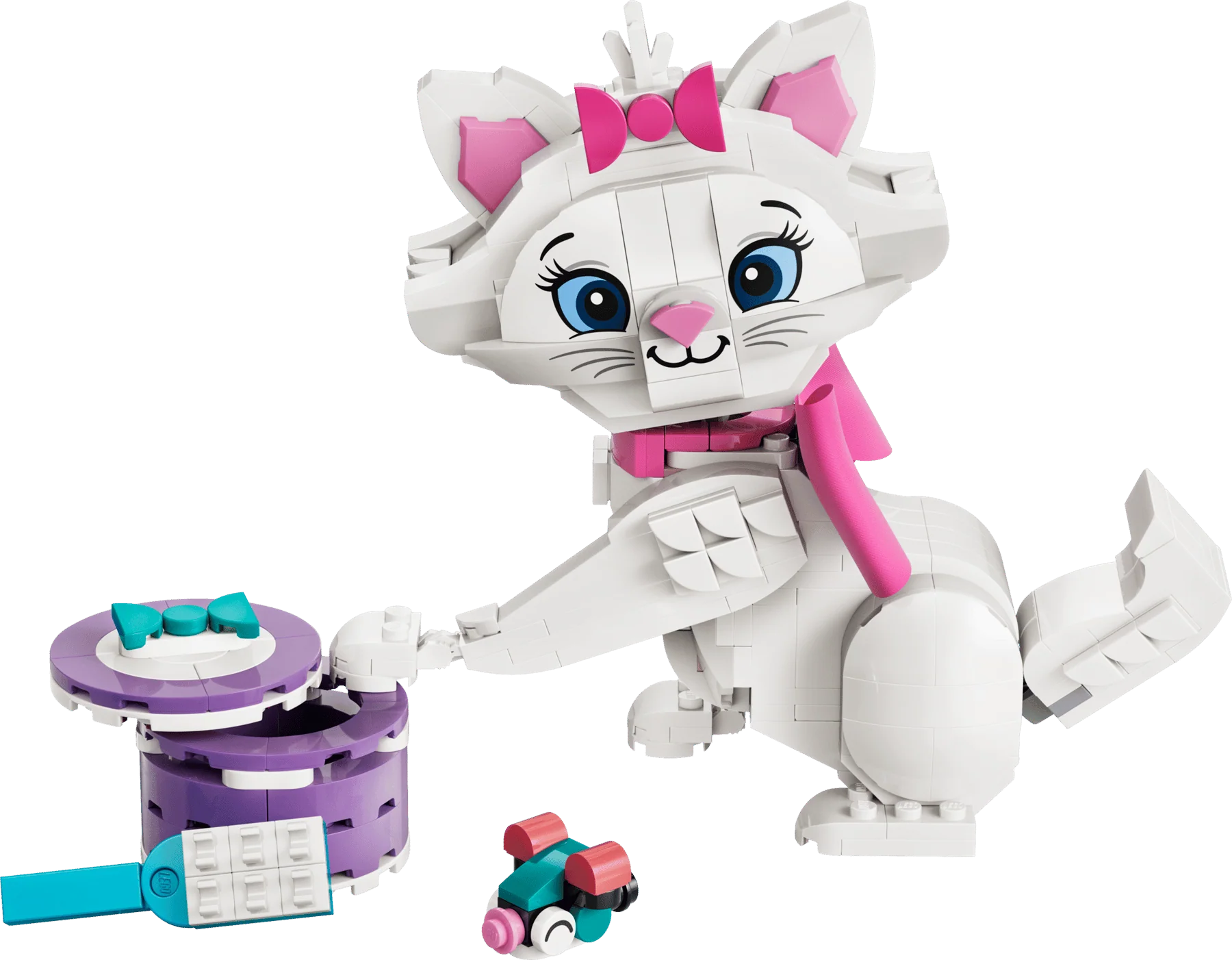 Marie cat building figure, white with pink bow; purple round device and small cart pieces