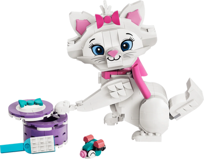 Marie cat building figure, white with pink bow; purple round device and small cart pieces