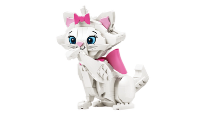 White Marie cat building figure with pink bow and blue eyes, standing with one paw raised