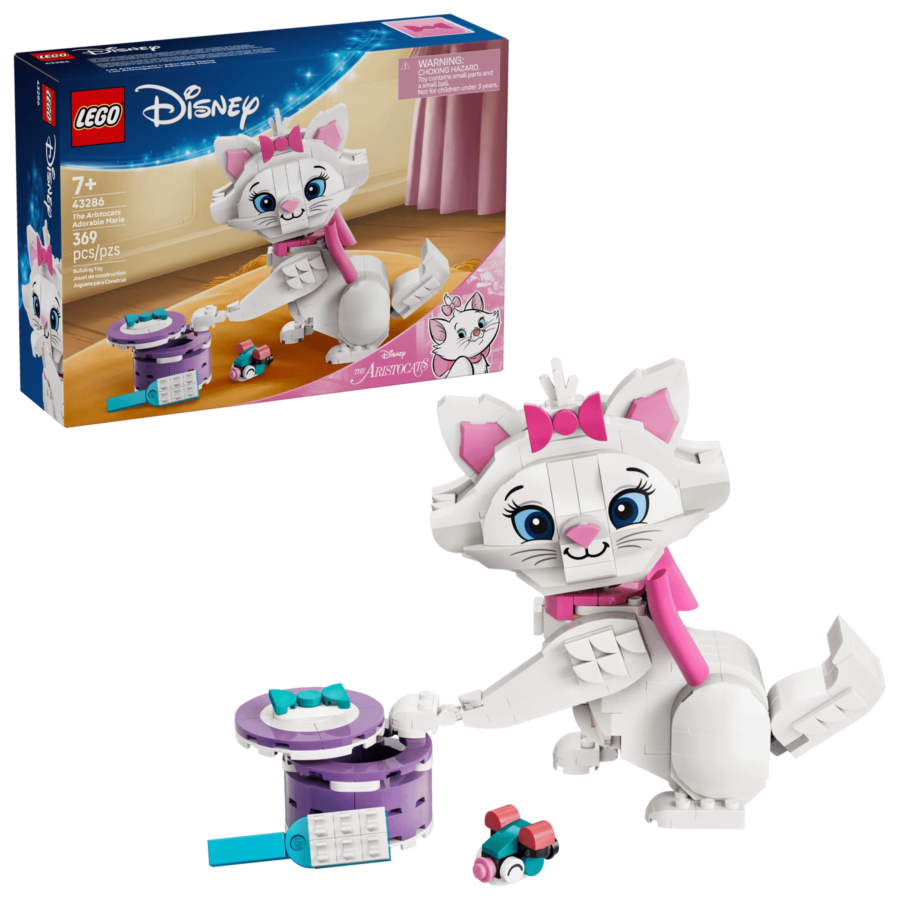 LEGO The Aristocats Marie cat figure, white with pink bow; with purple round accessory