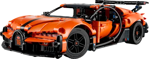 Orange hypercar model with front grille, big tires, and black roll-cage detail.