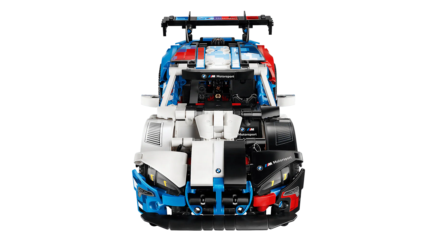 Frontansicht: BMW M4 GT3 Evo Rennwagen, weiße Front, blaue Karosserie, schwarze Lufteinlässe