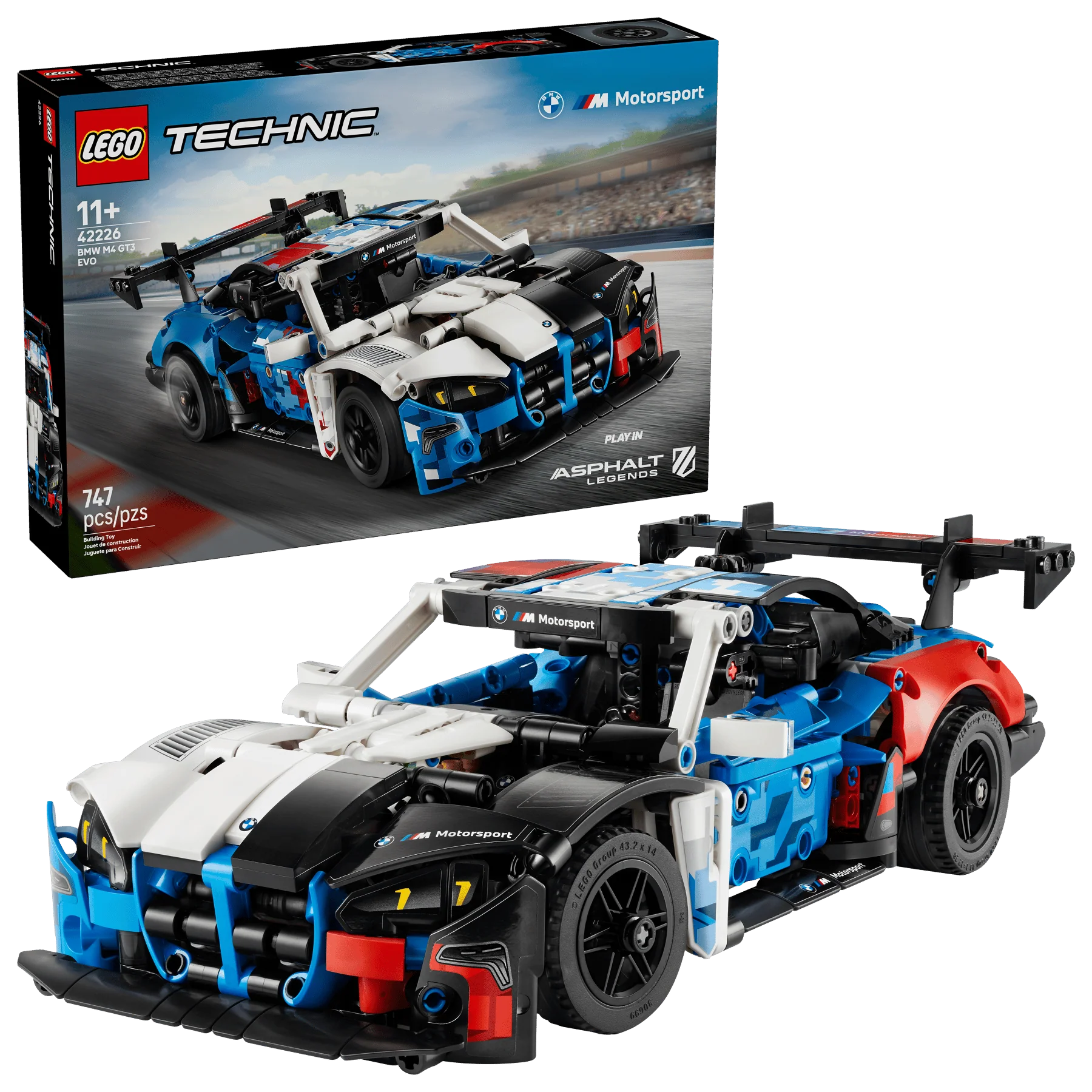 LEGO BMW M4 GT3 Evo Rennwagen, blau-weiß, rotes Heck, schwarzer Frontflügel