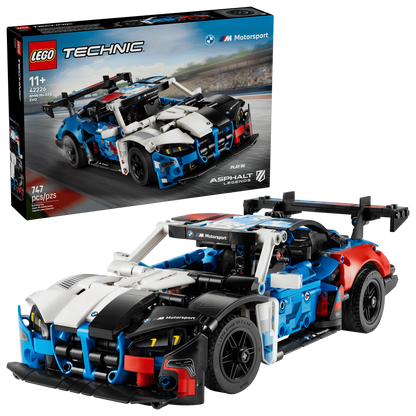 LEGO BMW M4 GT3 Evo Rennwagen, blau-weiß, rotes Heck, schwarzer Frontflügel
