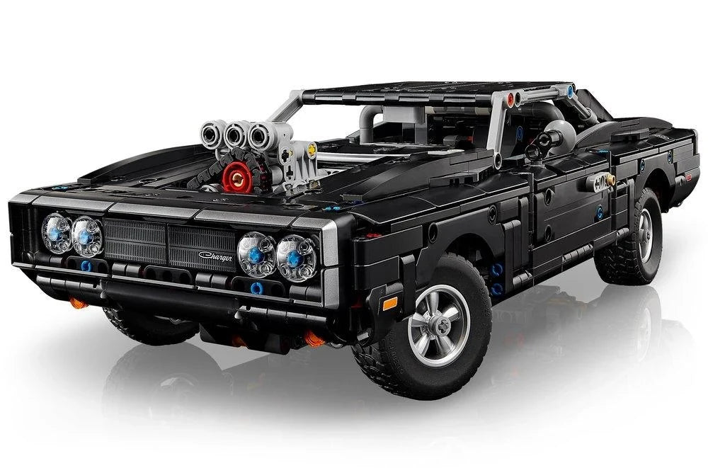LEGO Technic car model in black with chrome wheels and front lights