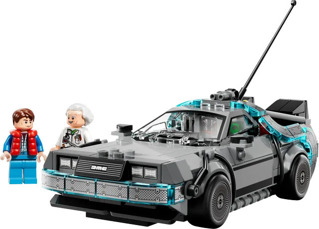 Time machine toy vehicle with teal accents and two mini figures, front view