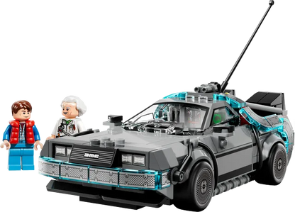 Time machine toy vehicle with teal accents and two mini figures, front view