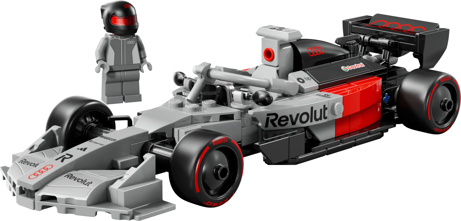 Audi Revolut F1 race car model with driver minifigure, red-and-gray side view