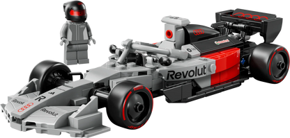 Audi Revolut F1 race car model with driver minifigure, red-and-gray side view