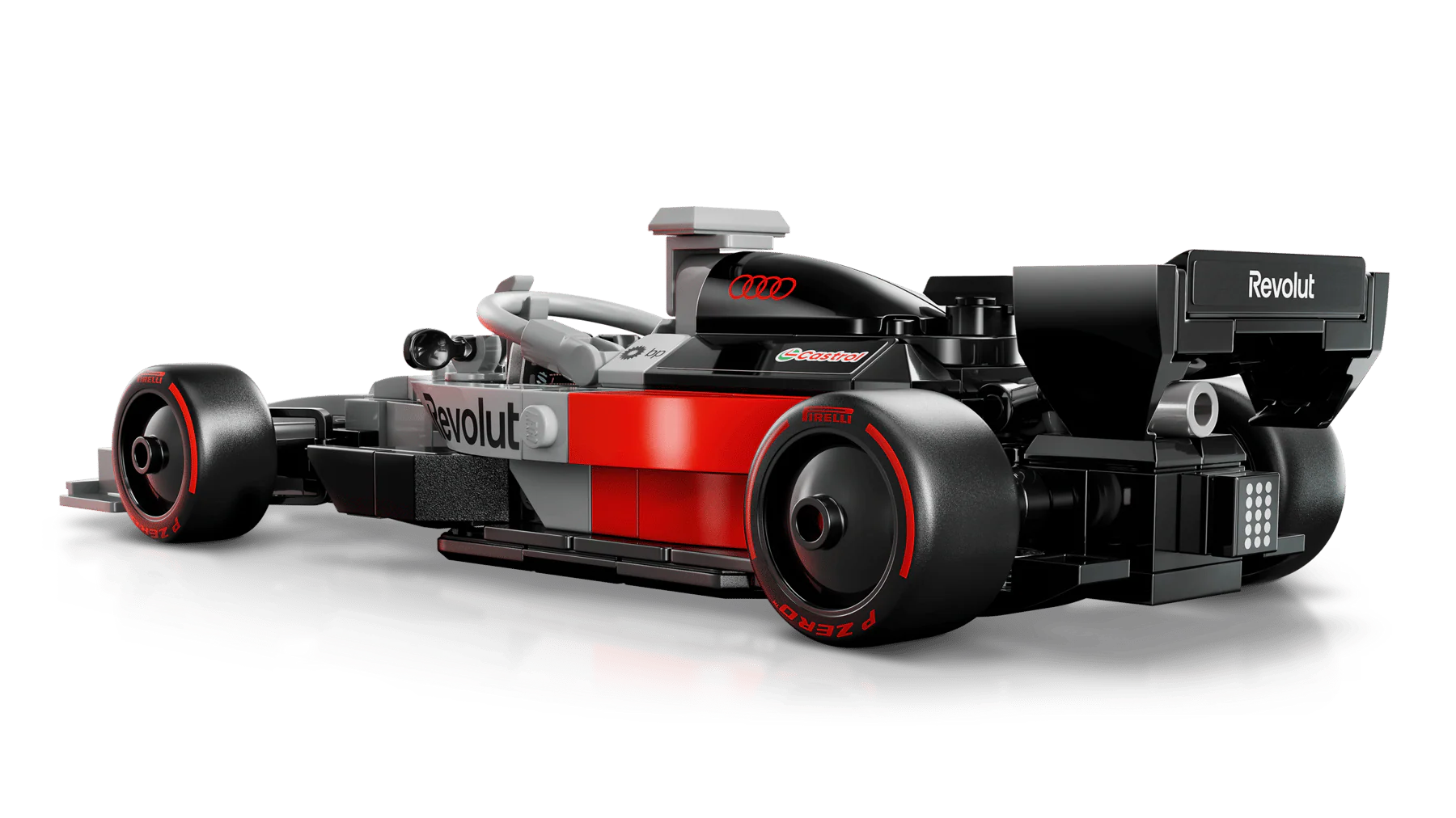 Audi Revolut F1 race car model, three-quarter side view with rear intake section