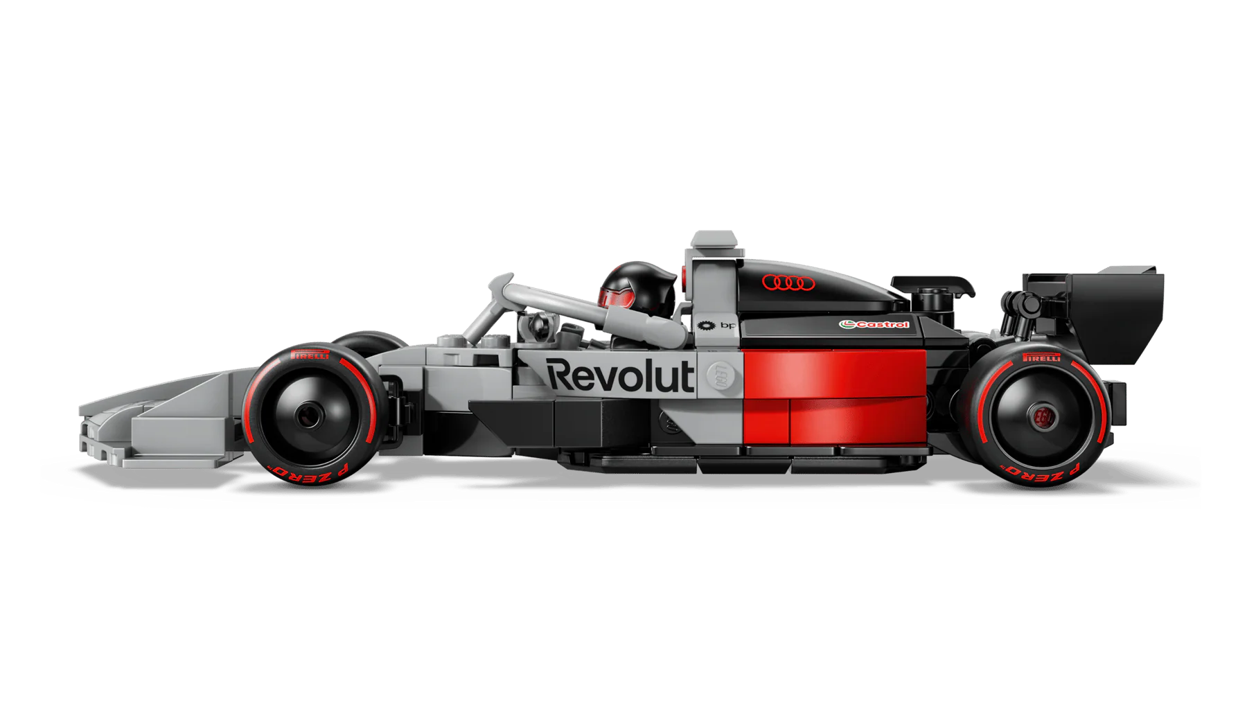 Audi Revolut F1 race car model, side profile with rear wing and Revolut livery