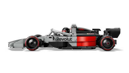 Audi Revolut F1 race car model, side profile with rear wing and Revolut livery
