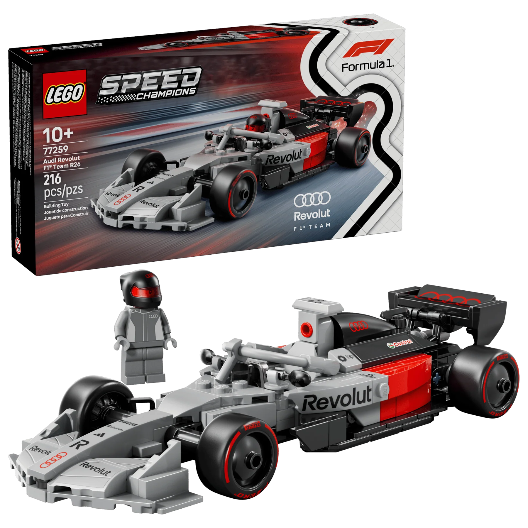 Audi Revolut F1 race car set with driver minifigure, LEGO model front view