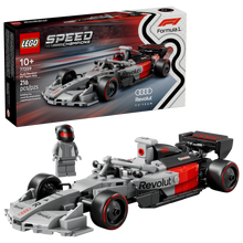 Audi Revolut F1 race car set with driver minifigure, LEGO model front view