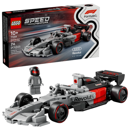 Audi Revolut F1 race car set with driver minifigure, LEGO model front view
