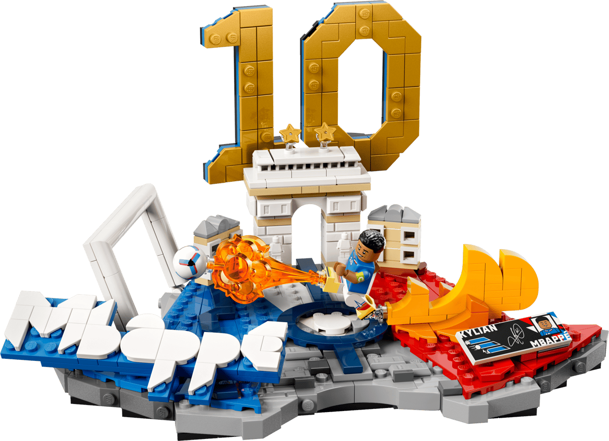 LEGO soccer display with Kylian Mbappé minifigure, gold 10, and white Mbappé logo