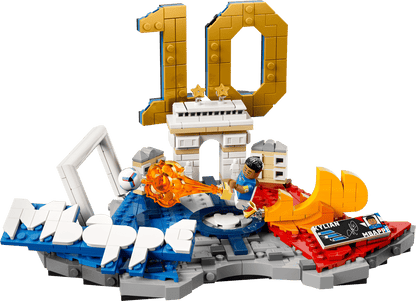 LEGO soccer display with Kylian Mbappé minifigure, gold 10, and white Mbappé logo