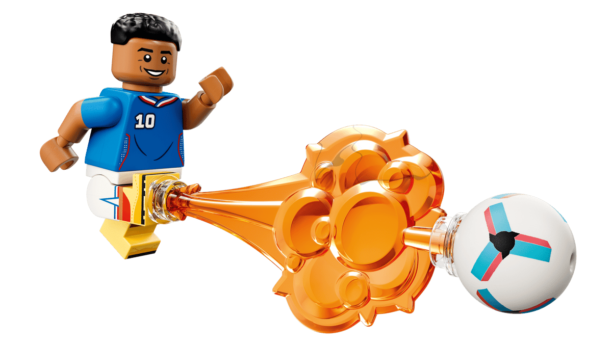 Kylian Mbappé soccer highlights set with player minifigure, orange burst, and ball