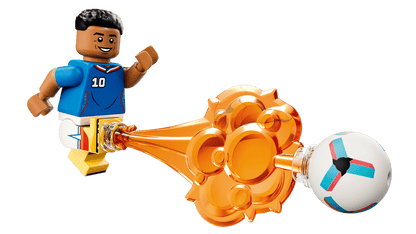 Kylian Mbappé soccer highlights set with player minifigure, orange burst, and ball