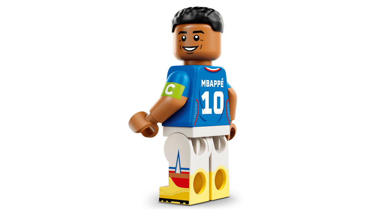 LEGO-style Kylian Mbappé minifigure in blue jersey, number 10, and white shorts