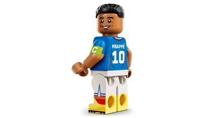 LEGO-style Kylian Mbappé minifigure in blue jersey, number 10, and white shorts