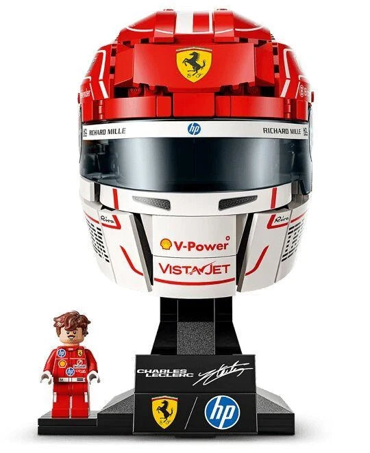 LEGO racing helmet set with red helmet and minifigure on display stand