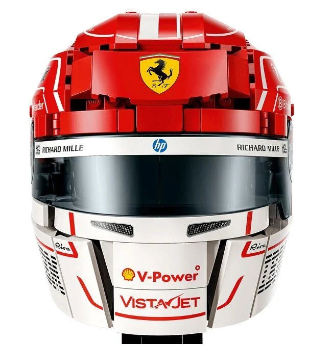 Red Ferrari-style racing helmet brick-built, front view with visor and sponsor decals
