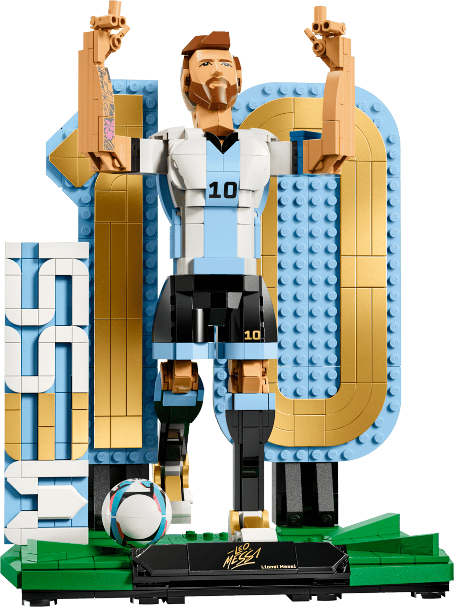 Assembled Messi minifigure with raised arms on blue-and-green LEGO stand