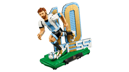 LEGO Messi soccer legend action model with soccer ball on green base