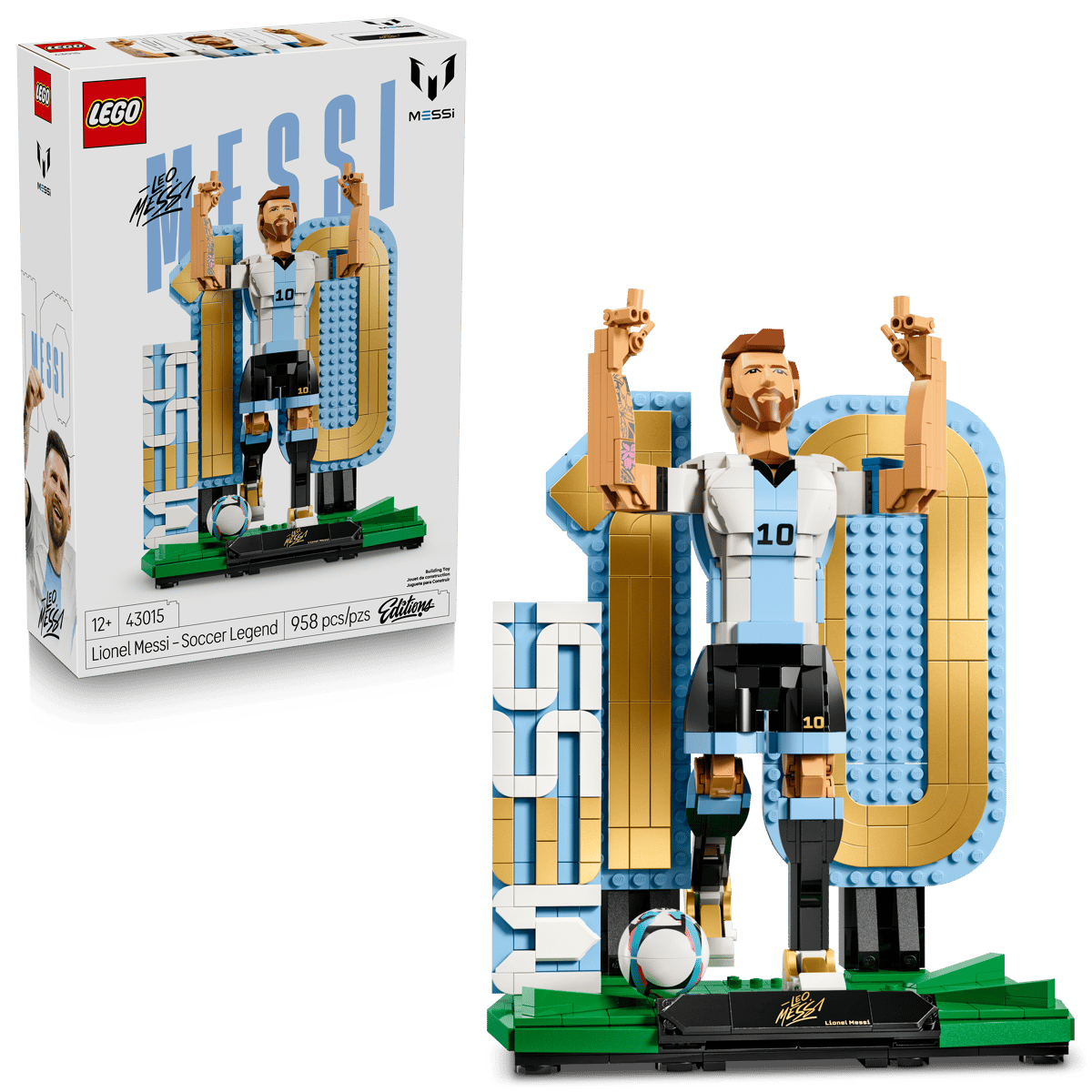 LEGO Messi soccer legend set box with assembled model on green base