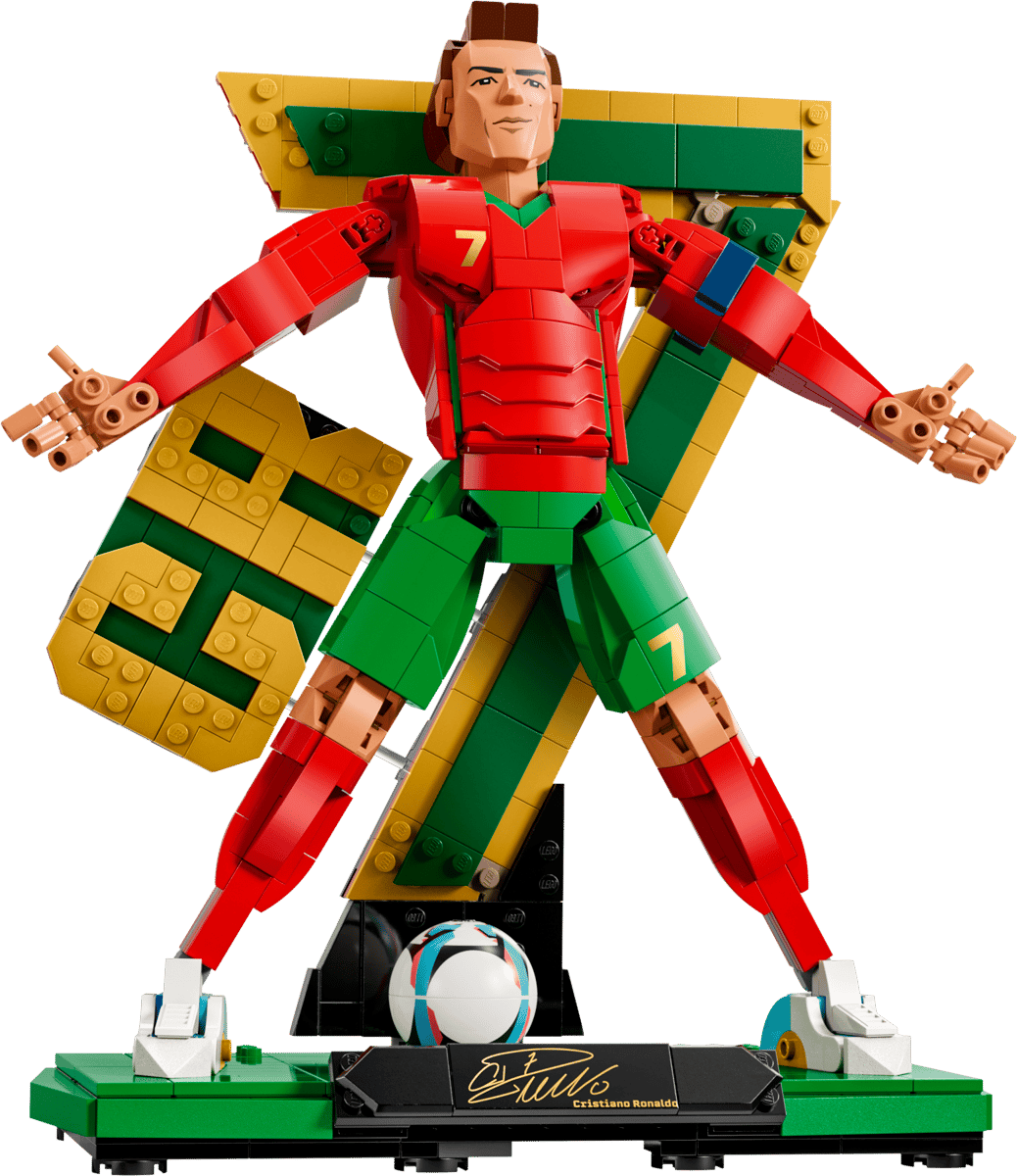 LEGO soccer legend figure close-up with red jersey, green pants, and white boots