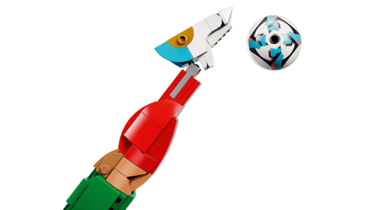 LEGO soccer legend build segment with red-and-green body pieces and a football