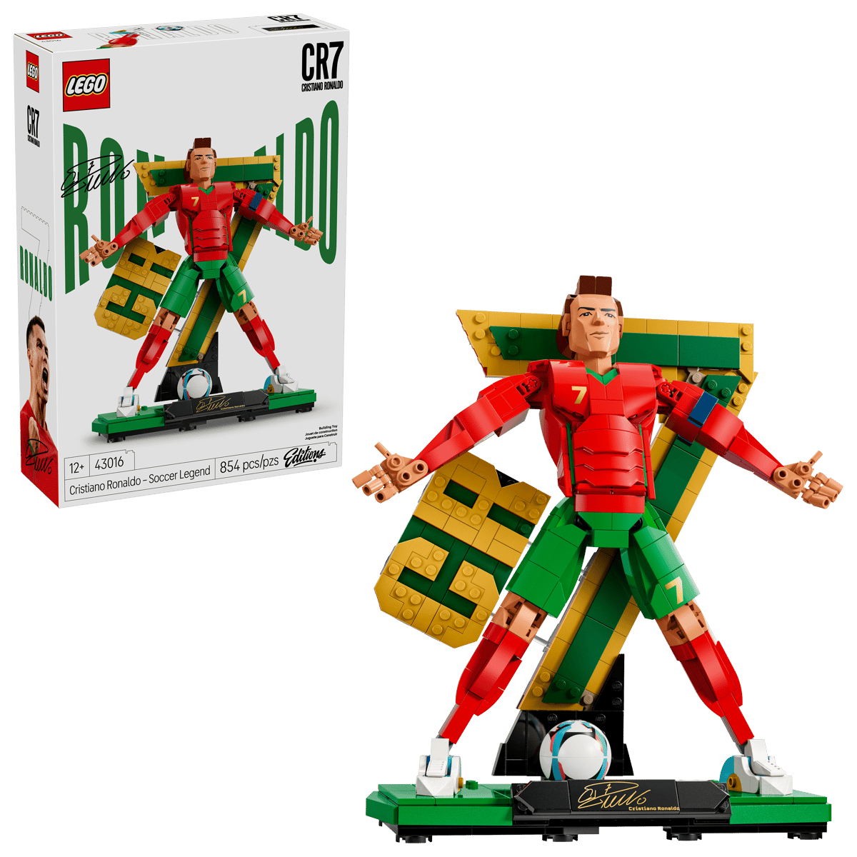 LEGO soccer legend set box with Cristiano Ronaldo minifigure and completed build